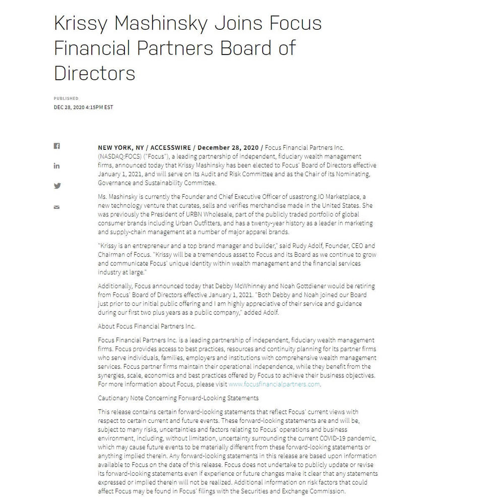 Krissy Mashinsky Joins Focus Financial Partners Board of Directors