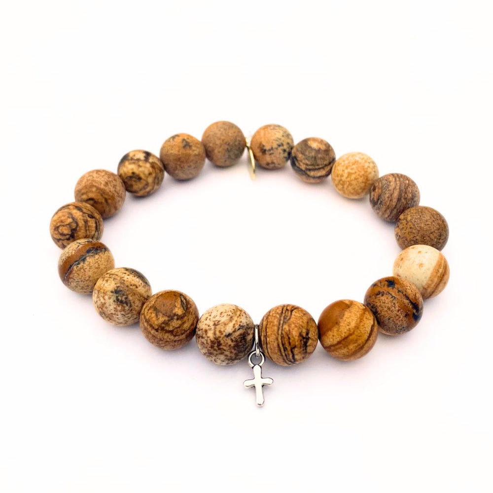 Matte Picture Jasper Bracelet | Silver Cross