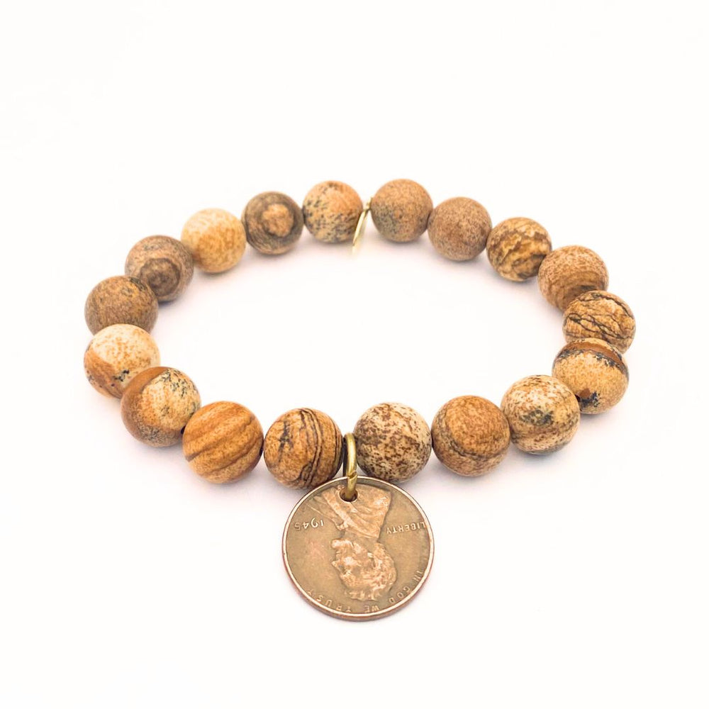 
                  
                    Load image into Gallery viewer, Matte Picture Jasper Bracelet + Wheat Penny
                  
                