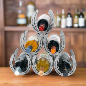 
                  
                    Load image into Gallery viewer, Horseshoe Wine Bottle Holder - 6 Bottles - Handmade Rustic Farmhouse Decor - The Heritage Forge
                  
                