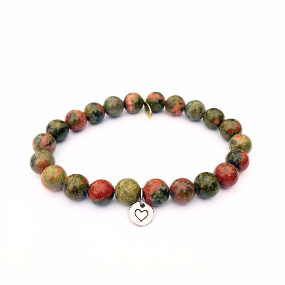 Unakite Crystal Bracelet | Silver Heart Charm