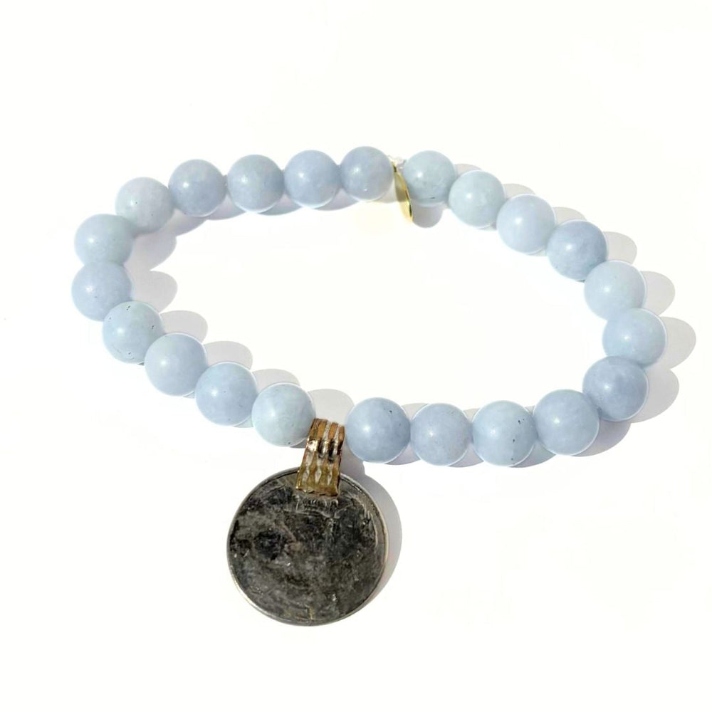 
                  
                    Load image into Gallery viewer, &amp;quot;25&amp;quot; Vintage Foreign Silver Coin + Sky Blue Aquamarine Bracelet
                  
                
