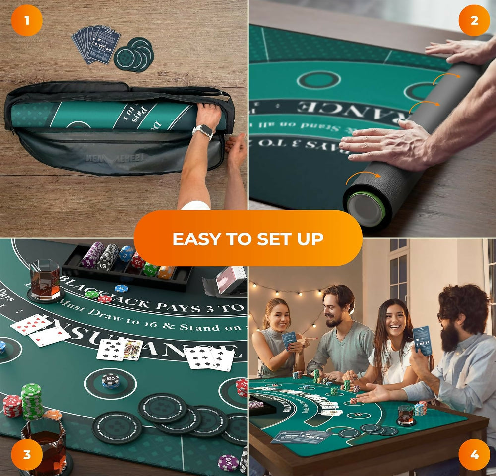 
                  
                    Load image into Gallery viewer, Newverest Blackjack Mat 70&amp;quot; x 35&amp;quot;, Blackjack Table Top in Zipper Storage Bag with 8 Coasters in Gift-Ready Box for Home Game Nights with Friends
                  
                