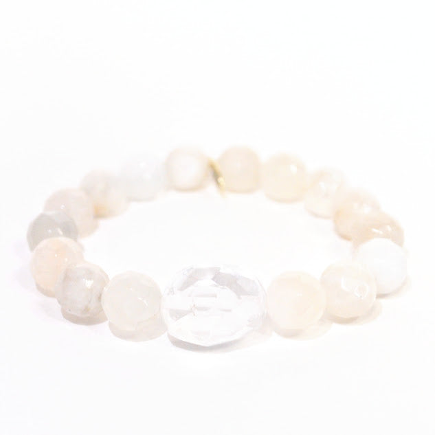 Moonstone Bead Bracelet | Cream Faceted + Clear Quartz Center Stone