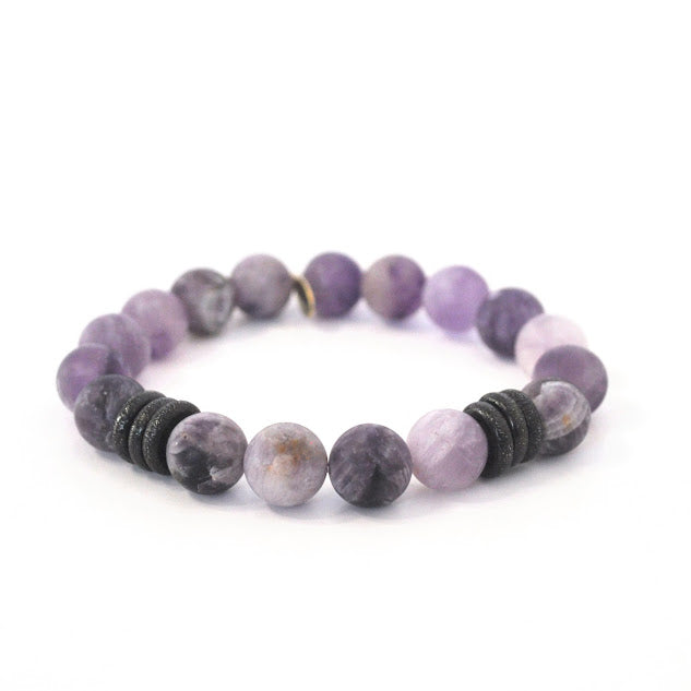 Amethyst Bead Bracelet | Matte Frost + Gunmetal Rings