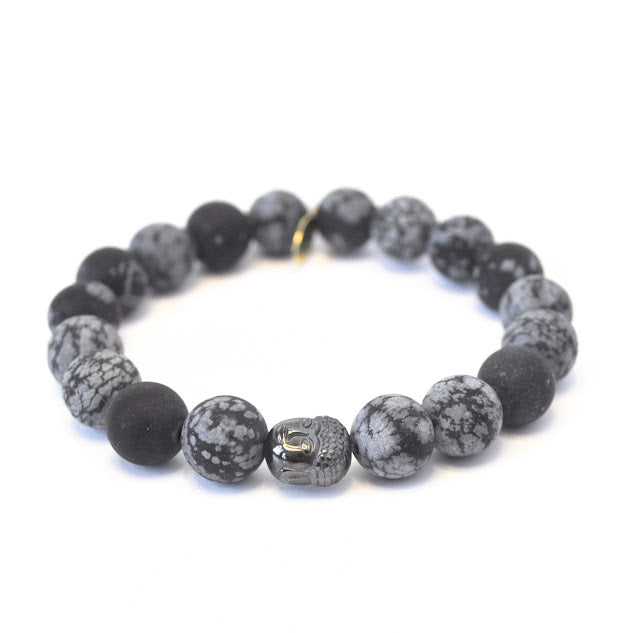 Obsidian Crystal Bracelet | Matte Black Snowflake + Buddha