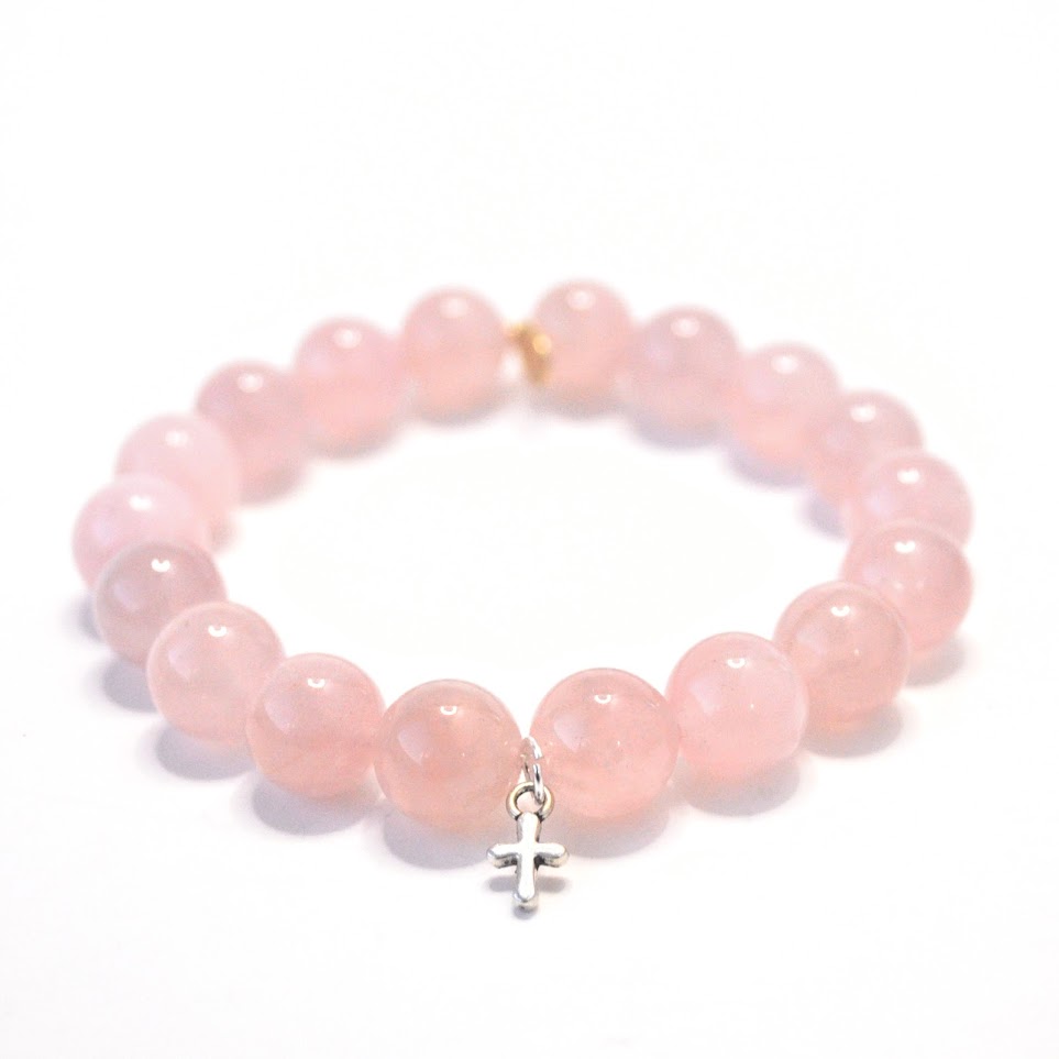 Rose Quartz Bead Bracelet | Silver Cross