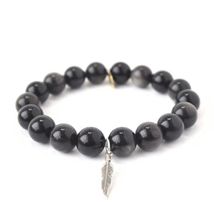 
                  
                    Load image into Gallery viewer, Obsidian Crystal Bracelet | Sterling Silver Feather
                  
                