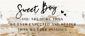 
                  
                    Load image into Gallery viewer, Sweet Boy you are more than we ever expected and better than we ever imagined / 14x6 Reclaimed Wood Sign
                  
                