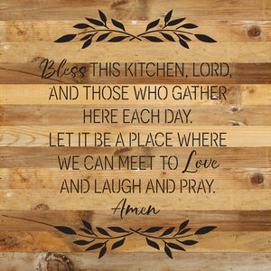 
                  
                    Load image into Gallery viewer, Bless this kitchen, Lord, and those who gather here each day. Let it be a place where we can meet to love and laugh and pray. Amen / 14x14 Reclaimed Wood Wall Decor
                  
                