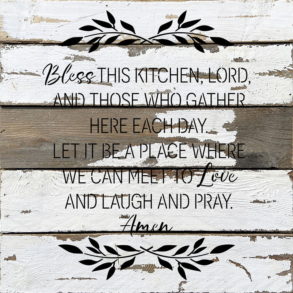 
                  
                    Load image into Gallery viewer, Bless this kitchen, Lord, and those who gather here each day. Let it be a place where we can meet to love and laugh and pray. Amen / 14x14 Reclaimed Wood Wall Decor
                  
                