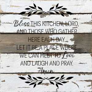 
                  
                    Load image into Gallery viewer, Bless this kitchen, Lord, and those who gather here each day. Let it be a place where we can meet to love and laugh and pray. Amen / 14x14 Reclaimed Wood Wall Decor
                  
                