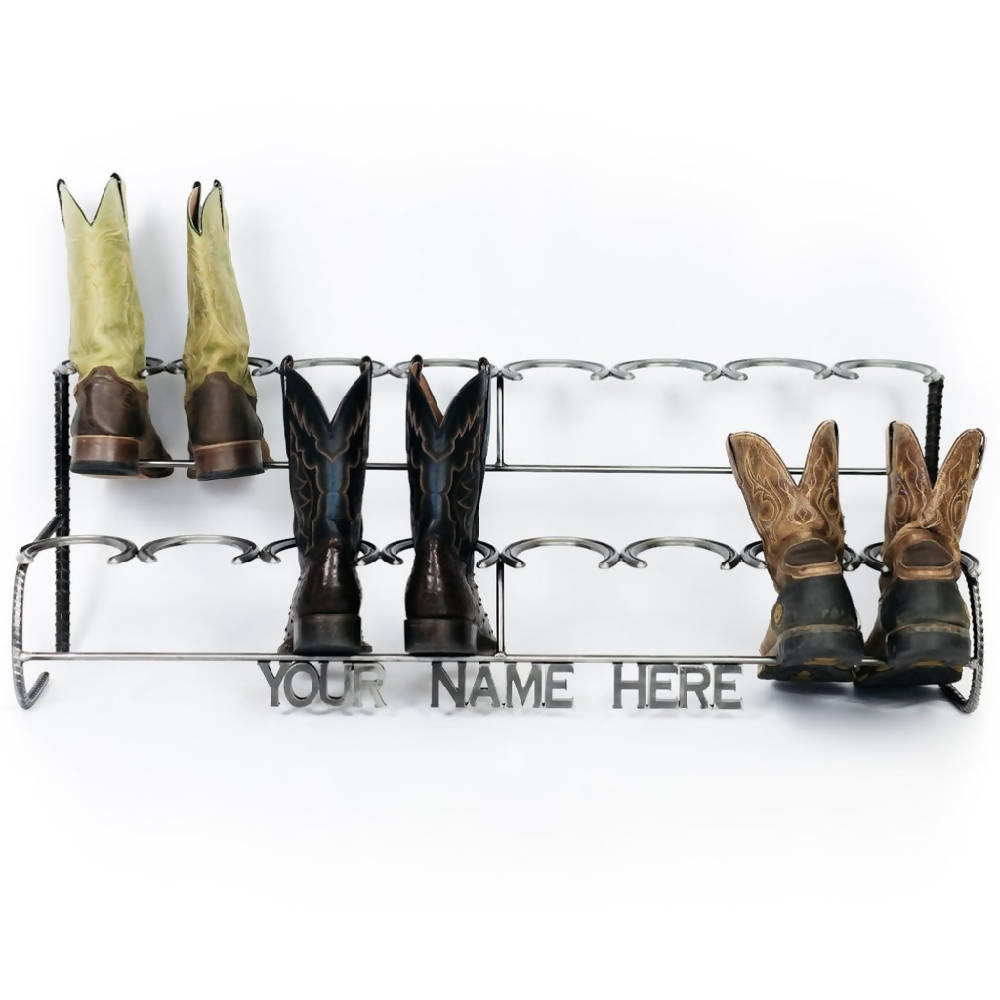
                  
                    Load image into Gallery viewer, Rustic Double Decker Horseshoe Boot Rack - 8 pairs
                  
                