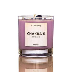 
                  
                    Load image into Gallery viewer, CHAKRA 6 SOY CANDLE WITH AMETHYST &amp;amp; TOURMALINE GEMSTONES
                  
                