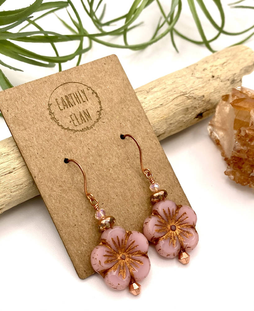 
                  
                    Load image into Gallery viewer, Pink Glass Flower Earrings
                  
                