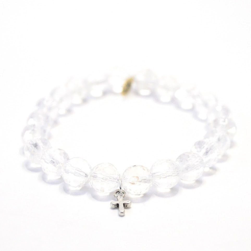 Clear Quartz Crystal Bracelet | Faceted + Silver Cross