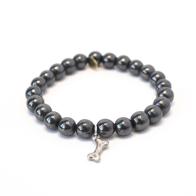 Hematite Crystal Bracelet | 8mm Gunmetal + Silver Dog Bone