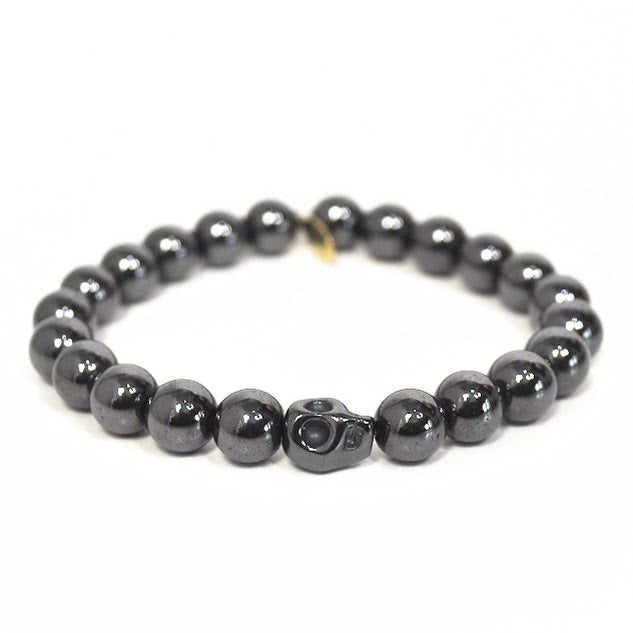 Hematite Crystal Bracelet | 8mm Gunmetal + Skull