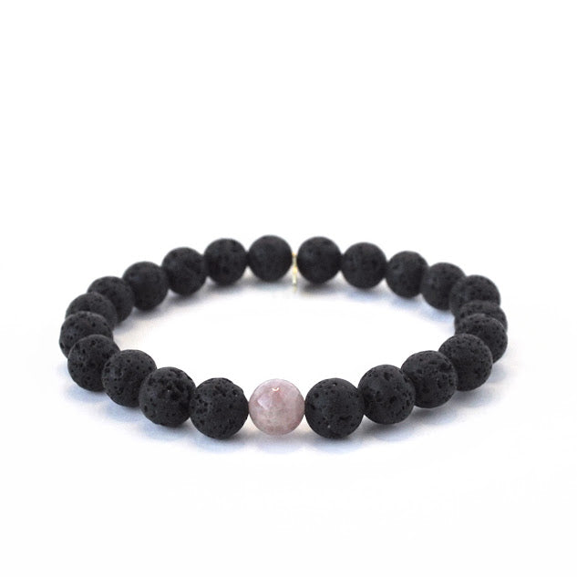 January Birthstone Crystal Bracelet | 8mm Rose Quartz + Lava Bracelet