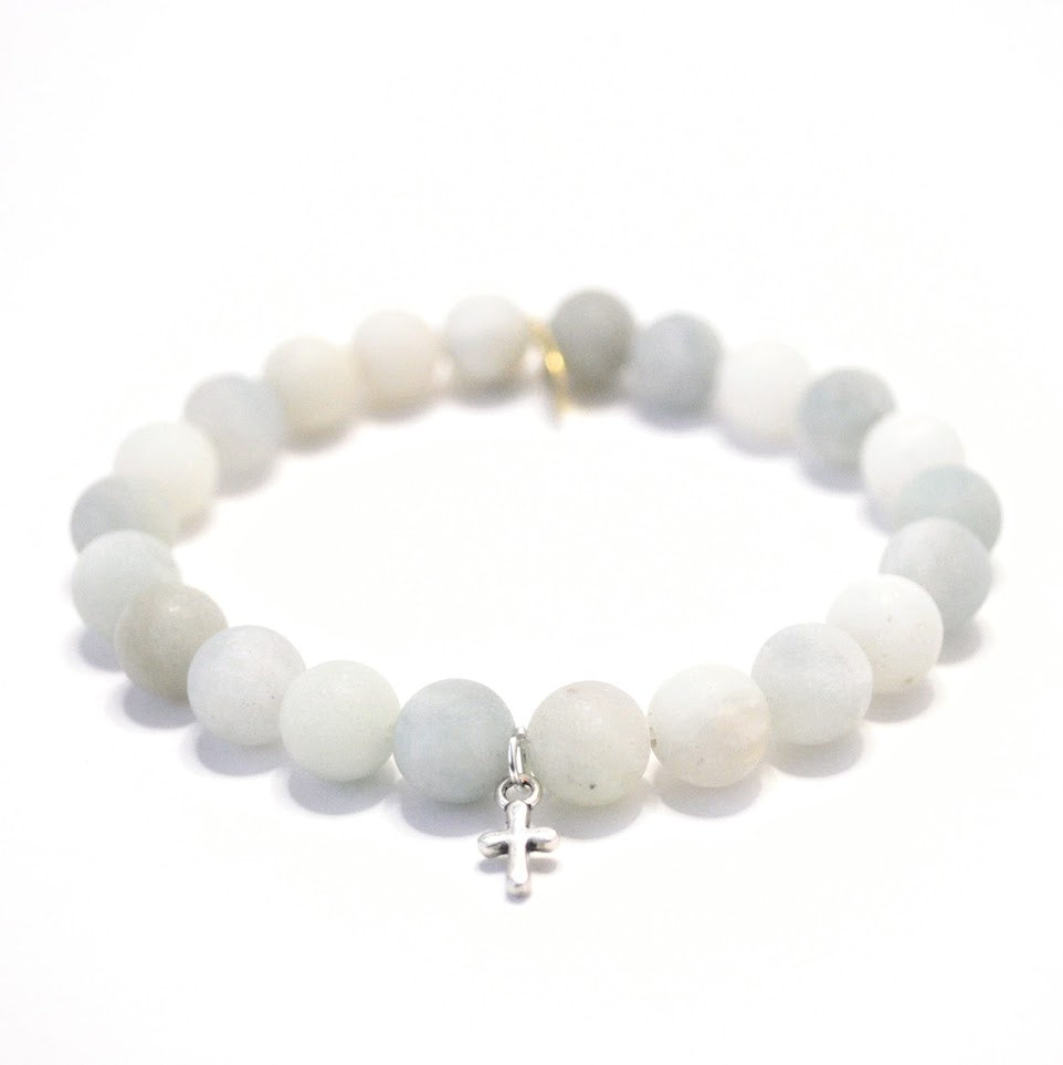 Aquamarine Bracelet | Matte + Silver Cross