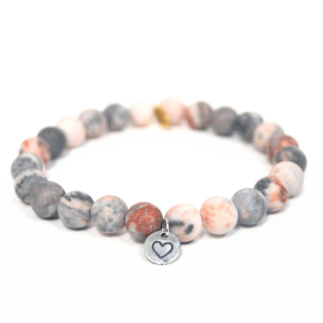 Jasper Stone Bracelet | Matte Zebra + Heart Charm