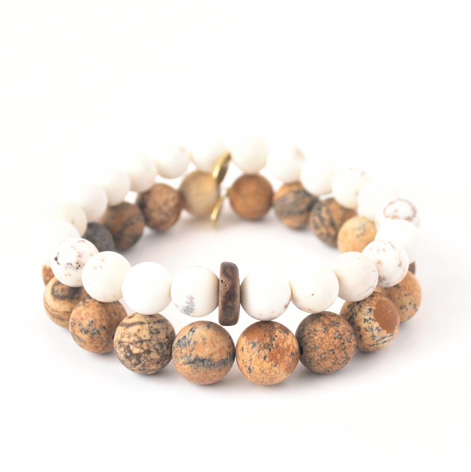 Matte White Turquoise Bracelet with Coconut + Jasper Bracelet Duo