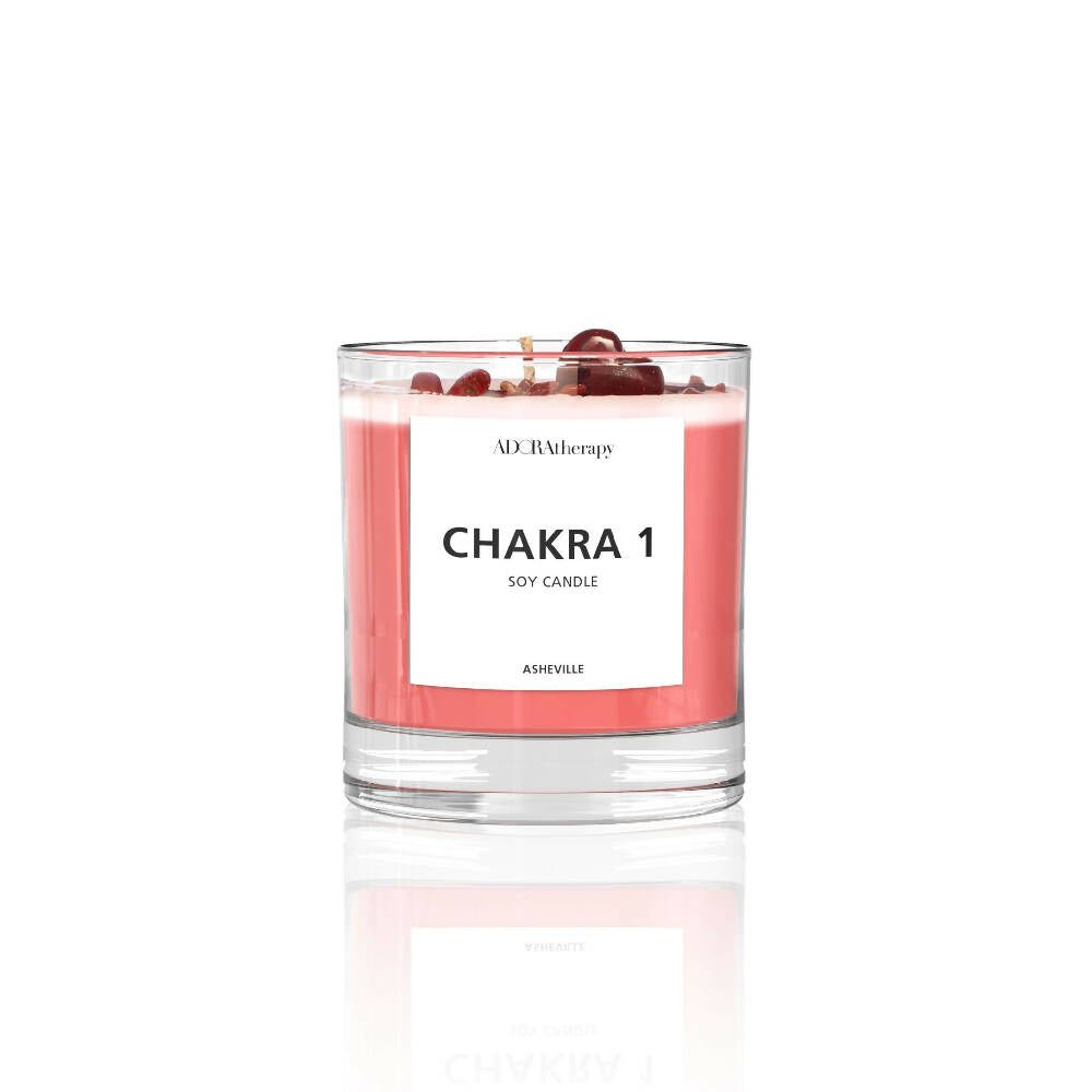 
                  
                    Load image into Gallery viewer, CHAKRA 1 SOY CANDLE WITH RED JASPER GEMSTONES
                  
                