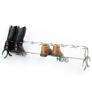 
                  
                    Load image into Gallery viewer, Handmade His and Hers Horseshoe Boot Rack - 4 pairs - The Heritage Forge
                  
                