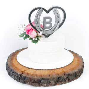 
                  
                    Load image into Gallery viewer, Custom Heart &amp;amp; Horseshoe Cake Topper with Initial - Customizable Rustic Wedding - The Heritage Forge
                  
                