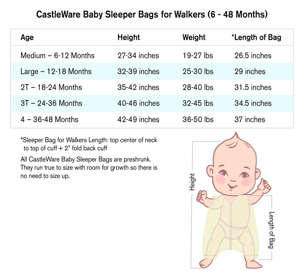 
                  
                    Load image into Gallery viewer, Long Sleeve Organic Cotton Fleece Sleeper Bag For Walkers TOG 2.0 Toddler Sleeper Bag CastleWare Baby CastleWareBabySleepBagforWalkersSizeChart
                  
                
