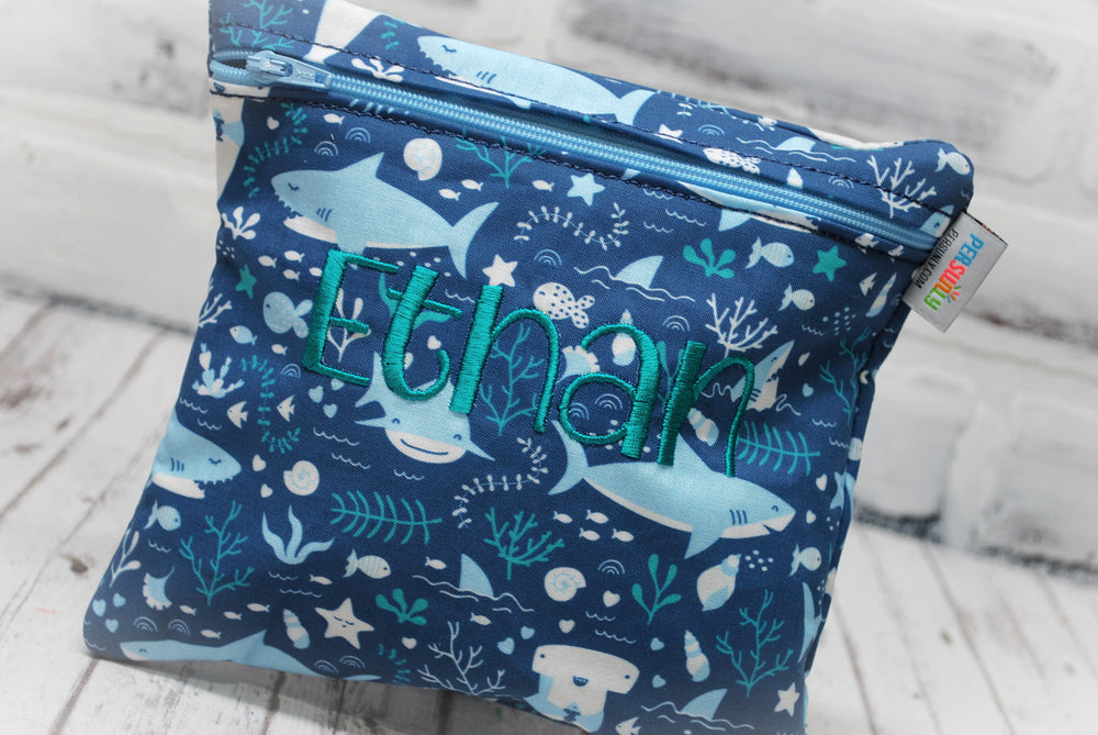 
                  
                    Load image into Gallery viewer, Sharks and Seawed Personalized Reusable Food Bag
                  
                