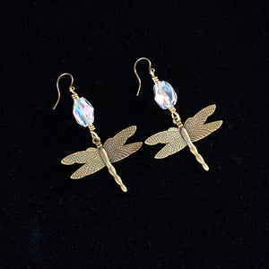 
                  
                    Load image into Gallery viewer, Brass Dragonfly and Quartz gemstone Dangle Earrings
                  
                
