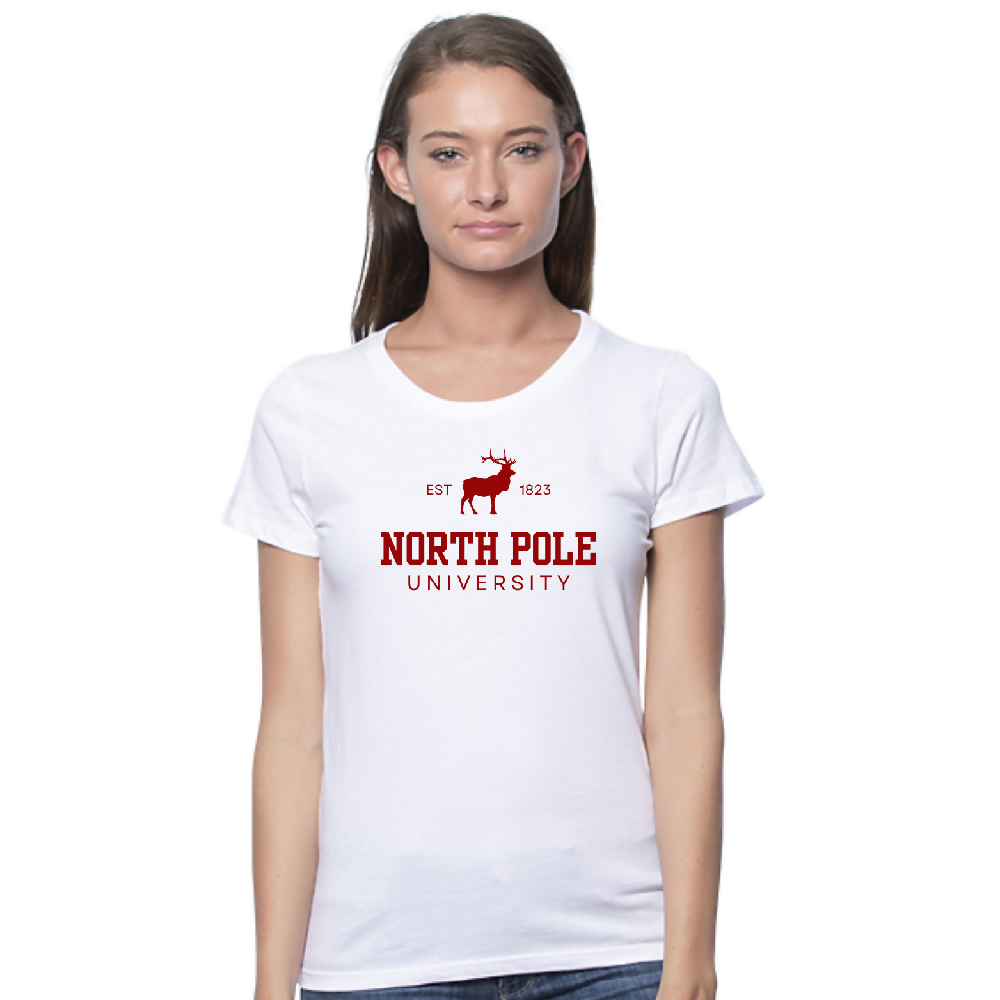 
                  
                    Load image into Gallery viewer, North Pole University womens tee WHITE
                  
                