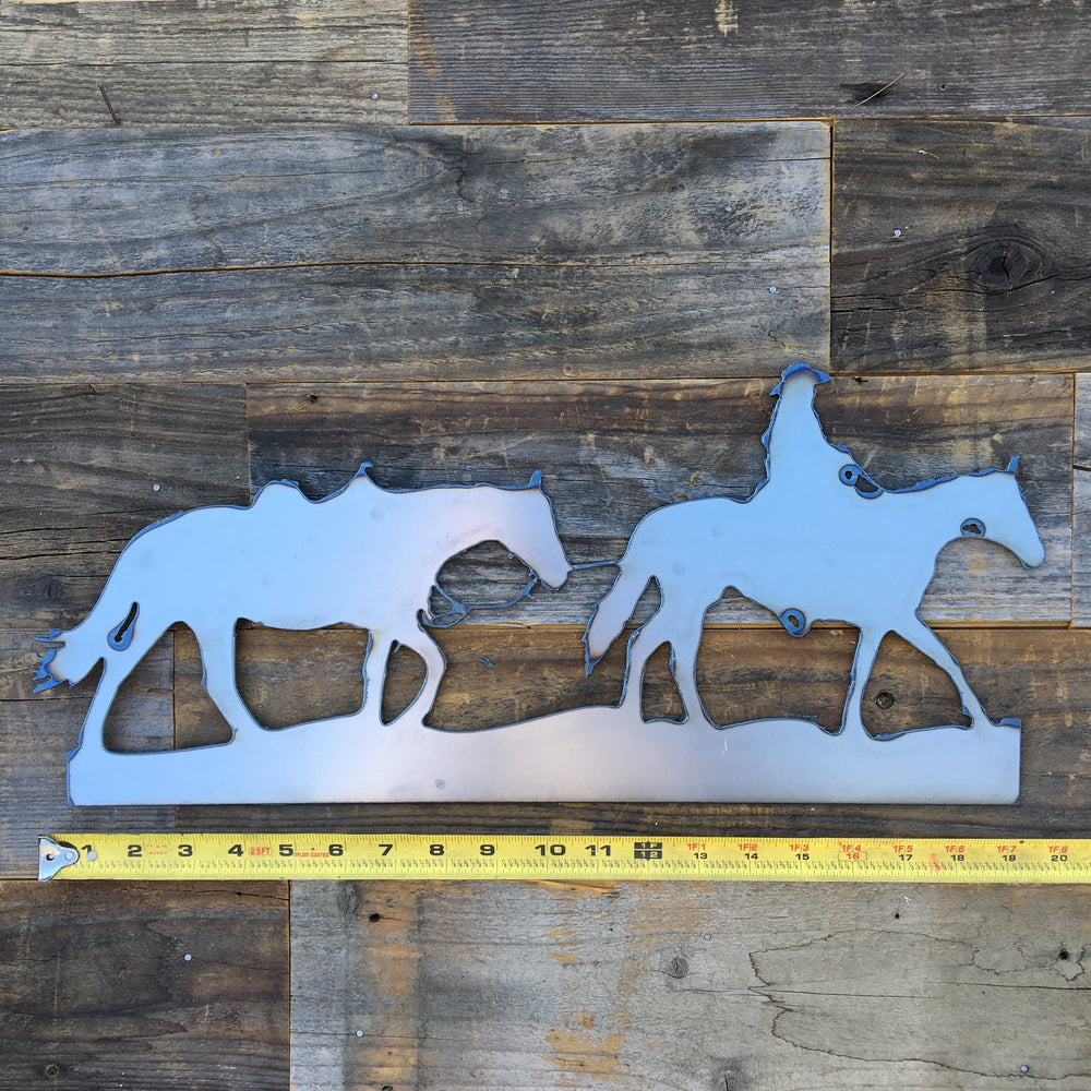 
                  
                    Load image into Gallery viewer, Rustic Home, Cowboy Leading Horse 20 x 9,  Farmhouse, Metal Words, Kitchen Wall Decor, Home Decor, Farmhouse Sign, Motivational, Christian
                  
                