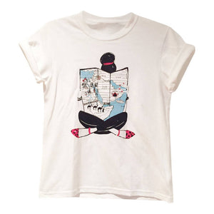 
                  
                    Load image into Gallery viewer, White Graphic Women&amp;#39;s Tee - &amp;quot;Map Girl&amp;quot;
                  
                