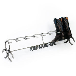 
                  
                    Load image into Gallery viewer, Custom Name Horseshoe Boot Rack - The Heritage Forge
                  
                
