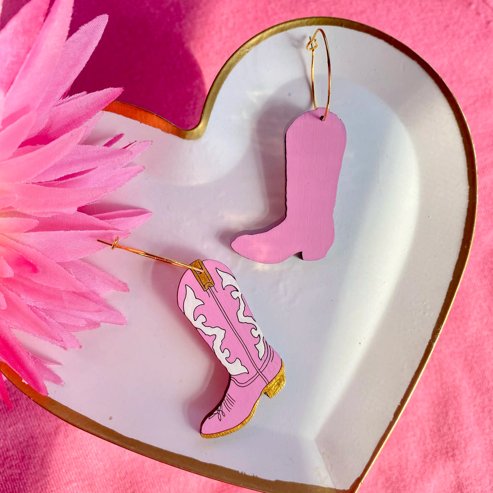 
                  
                    Load image into Gallery viewer, Pink Cowgirl Boot Hoop Earrings
                  
                