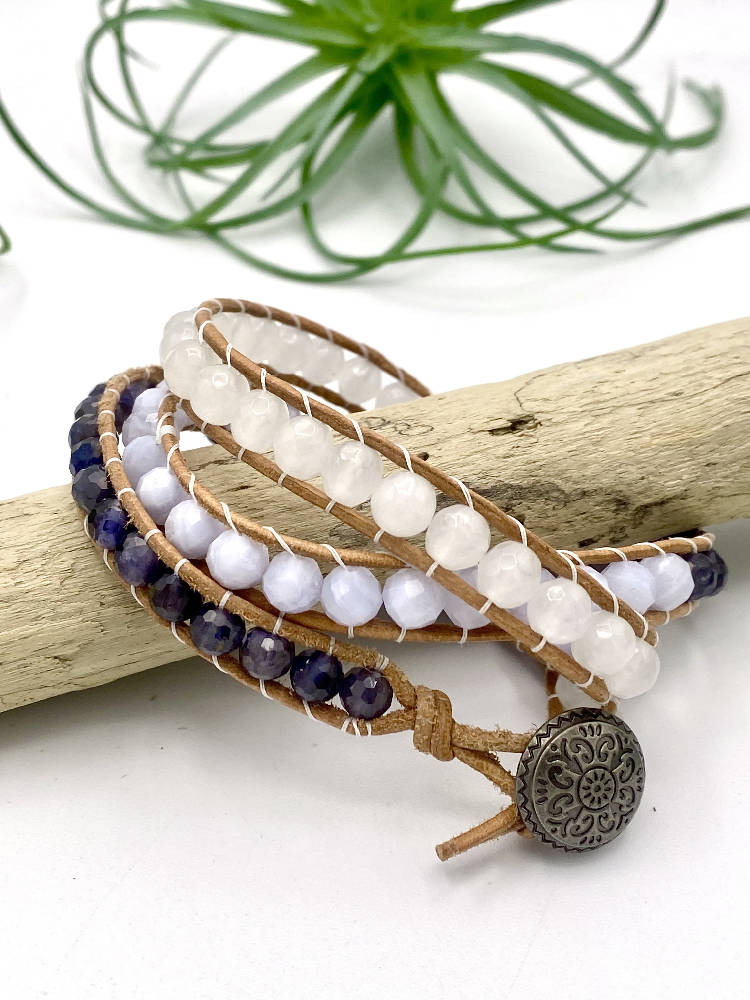 
                  
                    Load image into Gallery viewer, Jade, Chalcedony, &amp;amp; Iolite Wrap Bracelet
                  
                