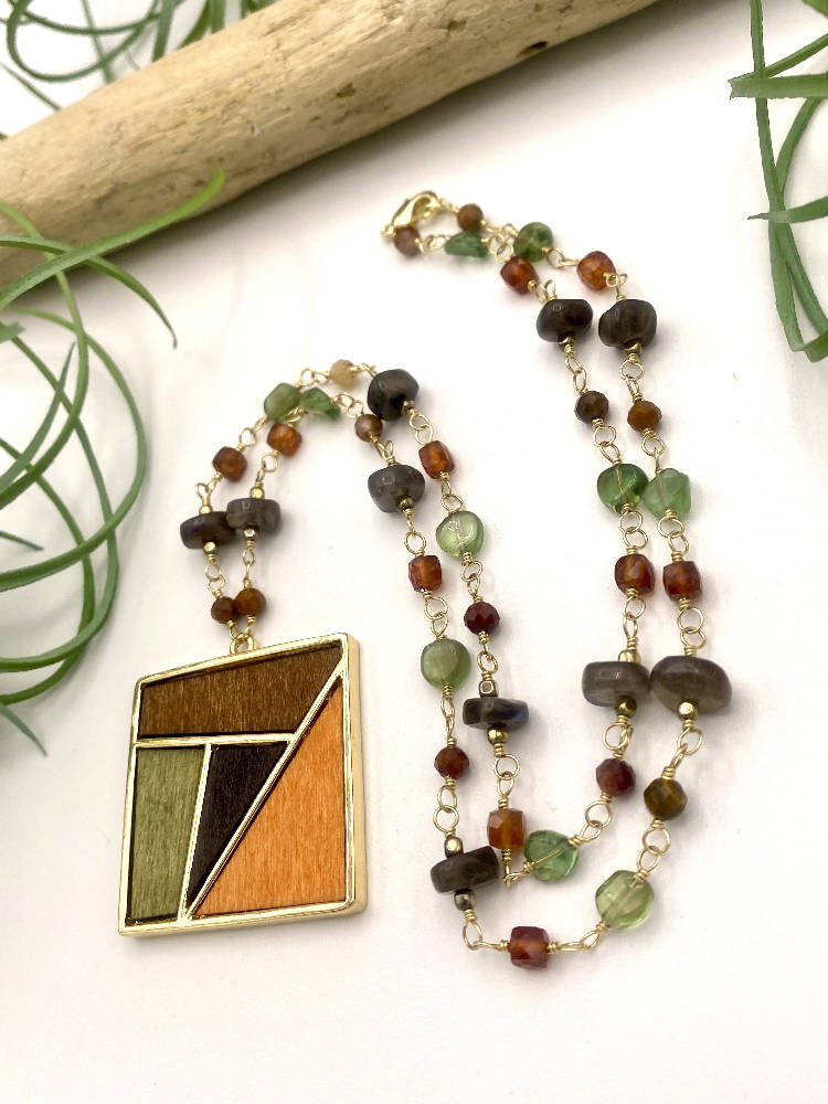 
                  
                    Load image into Gallery viewer, Square Wooden Mosaic Pendant Necklace
                  
                