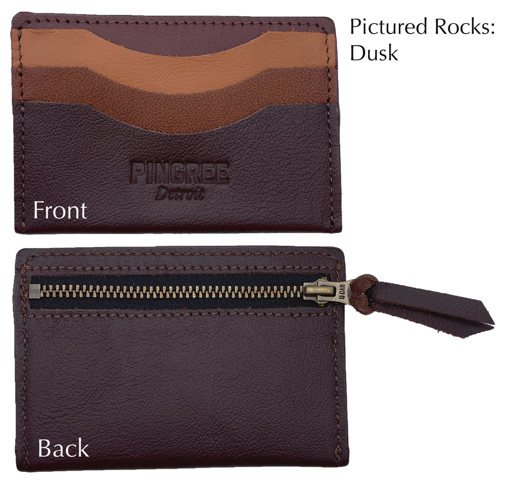 
                  
                    Load image into Gallery viewer, Front pocket side and back zipper side of Dusk Whittier Wallet . All materials upcycled from the automotive industry.
                  
                