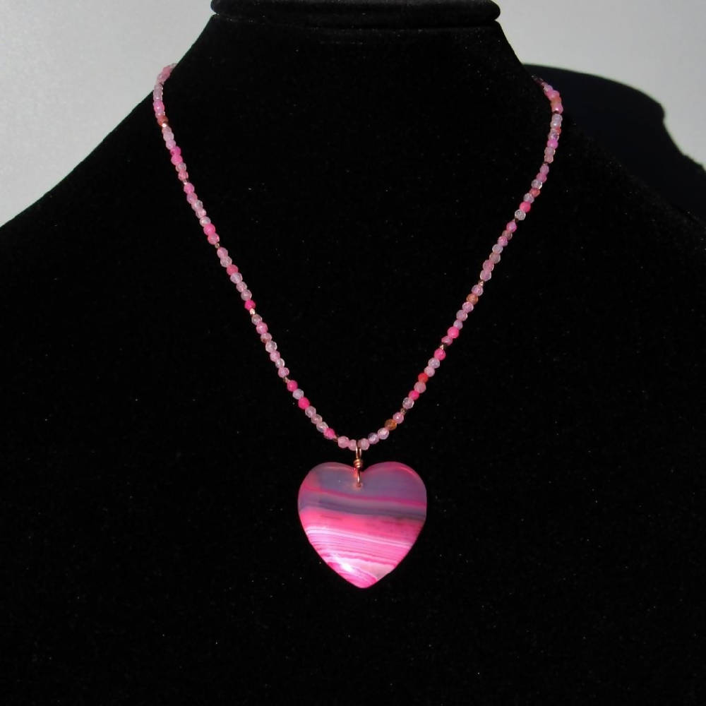 
                  
                    Load image into Gallery viewer, Pink Banded Agate gemstone Heart on pink agate necklace
                  
                