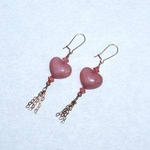 
                  
                    Load image into Gallery viewer, Pink Jade gemstone Hearts, Cherry Quartz, 18 Kt Gold Vermeil Heart Chain Hand wrapped Drop Earrings
                  
                