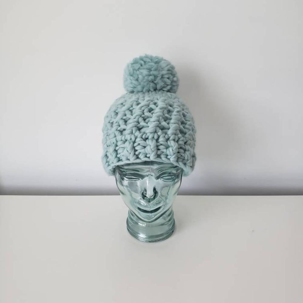 
                  
                    Load image into Gallery viewer, Luxury Beanie in Aquamarine, 100% Wool Hat with Large Pom
                  
                