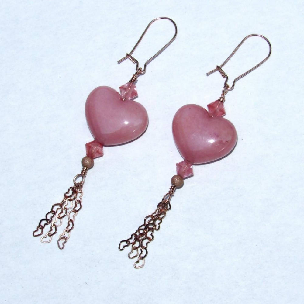 Pink Jade gemstone Hearts, Cherry Quartz, 18 Kt Gold Vermeil Heart Chain Hand wrapped Drop Earrings