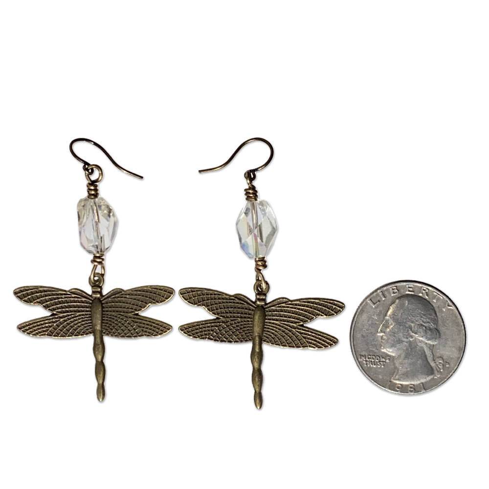 
                  
                    Load image into Gallery viewer, Brass Dragonfly and Quartz gemstone Dangle Earrings
                  
                