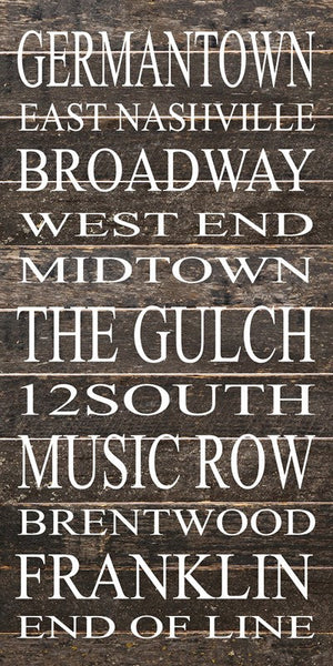 
                  
                    Load image into Gallery viewer, GERMANTOWN, EAST NASHVILLE, BROADWAY, WEST END, MIDTOWN, THE GULCH, 12SOUTH, MUSIC ROW, BRENTWOOD, FRANKLIN, END OF LINE / 12&amp;quot;x24&amp;quot; Reclaimed Wood Sign
                  
                