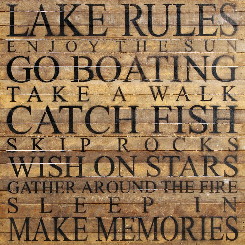 
                  
                    Load image into Gallery viewer, Lake Rules Enjoy the sun Go boating Take a walk Catch fish Skip rocks Wish on stars Gather around the fire Sleep in Make memories / 28&amp;quot;x28&amp;quot; Reclaimed Wood Sign
                  
                