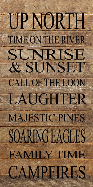 
                  
                    Load image into Gallery viewer, Up North Time on the river Sunrises &amp;amp; Sunsets Call of the Loons Laughter Majestic Pines Soaring Eagles Family Time Campfires / 12&amp;quot;x24&amp;quot; Reclaimed Wood Sign
                  
                