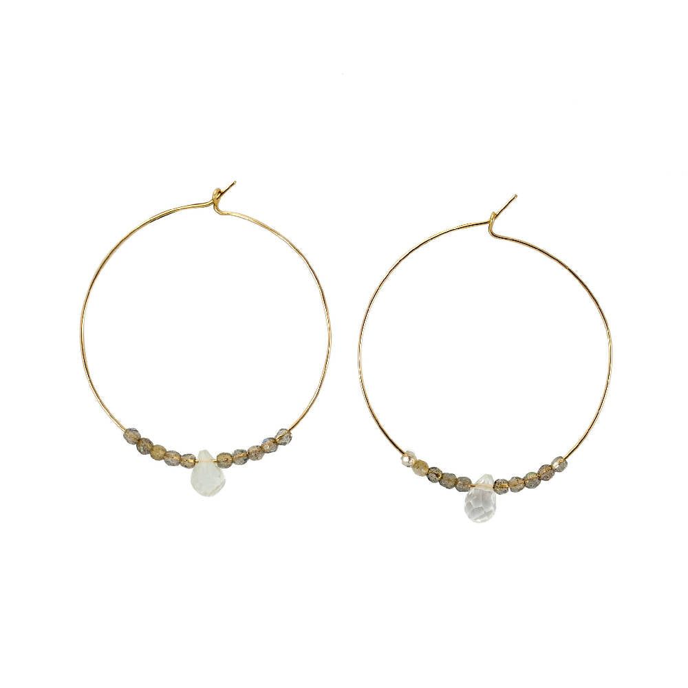 14k Gold Filled Labradorite & Quartz Beaded Hoop Earrings