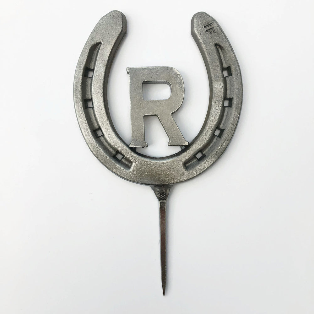 
                  
                    Load image into Gallery viewer, Custom Horseshoe Wedding Cake Topper with Initial - Rustic Wedding - The Heritage Forge
                  
                